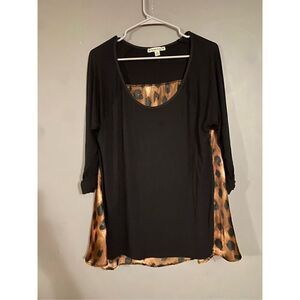 Simply Suzie Black Leopard Satin Feel 3/4 Sleeve Top Size Large